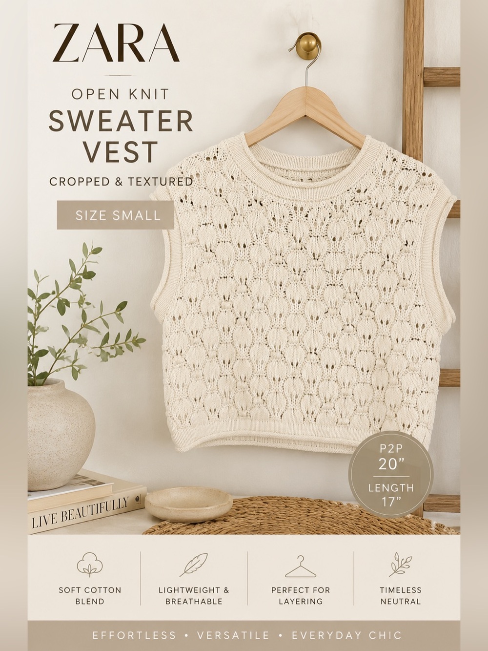 Zara Open Knit Sleeveless Sweater Vest Cream Textured Cropped Size Small